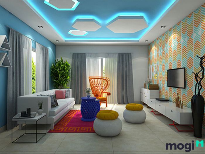 Vẫn giữ sắc xanh chủ đạo, mẫu trần này tạo nên một ấn tượng mạnh mẽ, làm nổi bật không gian.