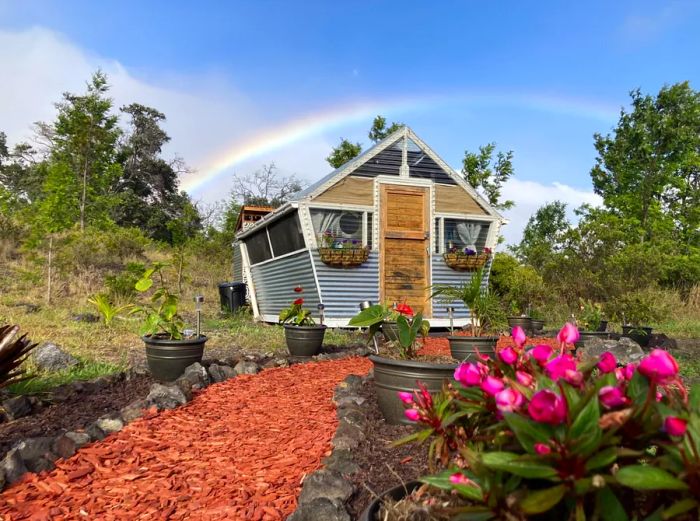 A corrugated metal greenhouse cabin beneath a rainbow, with a wood-chip footpath leading to potted flowers.