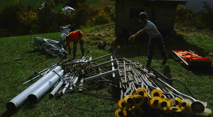 The dismantled lift equipment was collected by a scrap metal company for recycling.