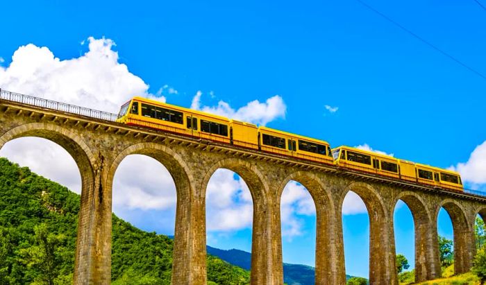 The Little Yellow Train (Train Jaune) offers stunning views of the Pyrenees mountains.