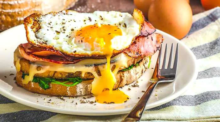 A gentleman’s sandwich, plus an egg, equals a croque madame