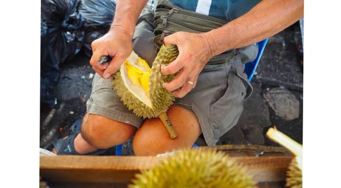 Opening up a durian.