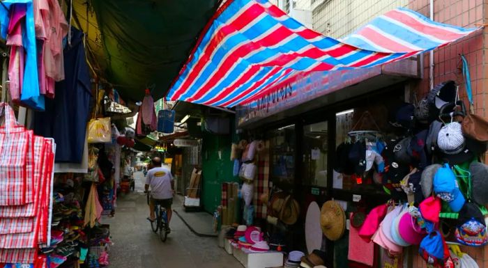 The red, white, and blue flags hanging proudly on Peng Chau's bustling main street.