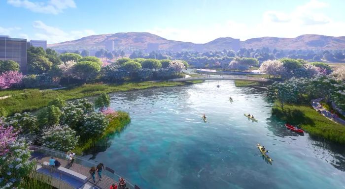 Designed to benefit both the environment and the community, the park will feature a recreational lake (shown in a rendering) that also doubles as an irrigation source.