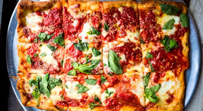 A close-up of a rectangular pie from Di Fara’s.