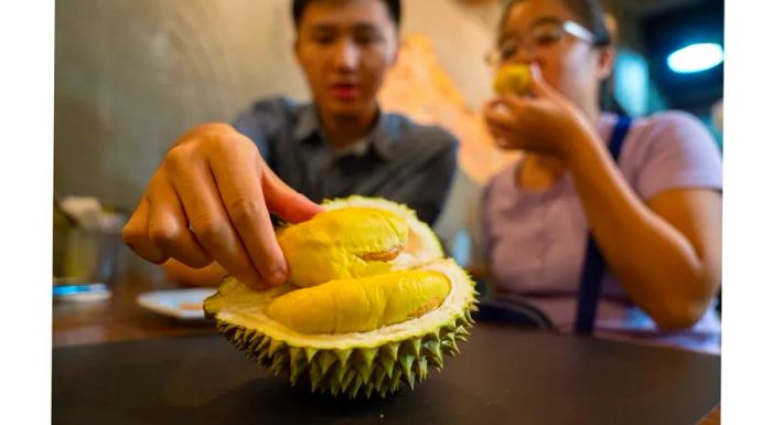 A durian at Mao Shan Wang café in Singapore, a place dedicated to the pungent tropical fruit.