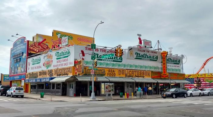 The original Nathan’s Famous is located in Coney Island, right next to the Wonder Wheel and the Cyclone roller coaster.