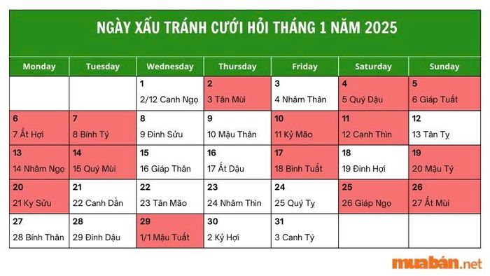 Các ngày xấu cần tránh để cưới hỏi trong tháng 1 năm 2025