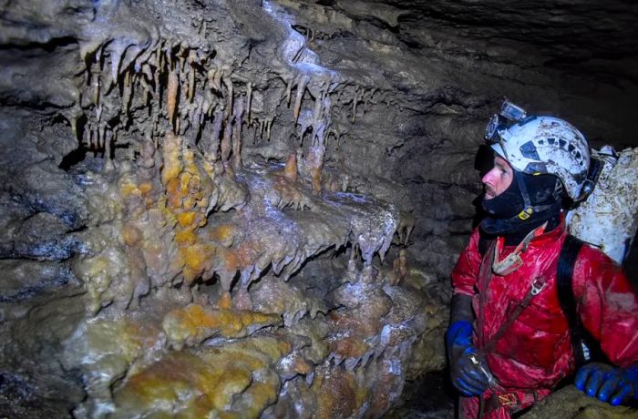 Brendan Moore, a member of the STC, carefully inspects an intriguing cave formation.