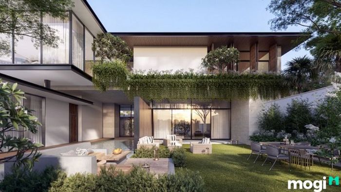 Nhà vườn 2 tầng theo phong cách Tropical, mang đến sự kết hợp tinh tế giữa không gian sống thoáng đãng và các yếu tố tự nhiên gần gũi, tạo ra không gian sống lý tưởng.