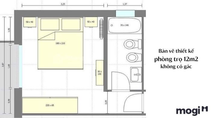Bản vẽ thiết kế phòng trọ 12m2 không có gác lửng nhưng vẫn tiện nghi
