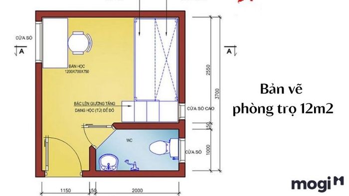 Bản thiết kế phòng trọ 12m2 chi tiết