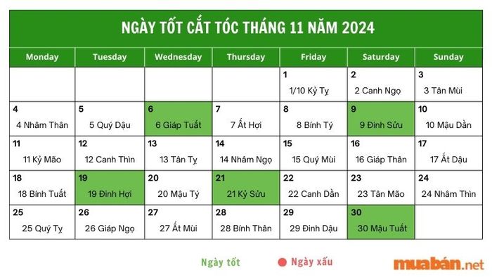 Lịch cắt tóc tháng 11 năm 2024 chi tiết
