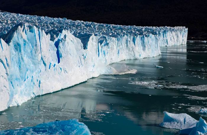 A stunning view of the Perito Moreno Glacier at Los Glaciares National Park in Argentina.