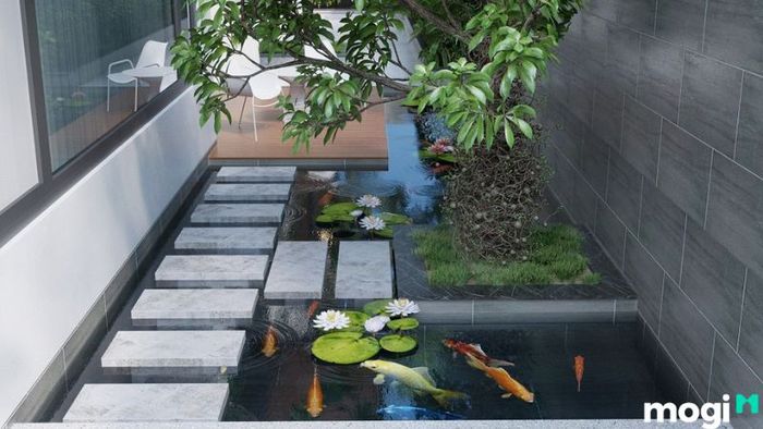 Mẫu nhà vườn 2 tầng với thiết kế hồ cá koi, mang lại vẻ đẹp thanh thoát và sinh động, tạo điểm nhấn thú vị cho không gian sống.