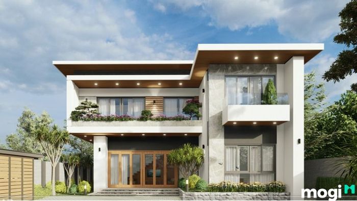Nhà vườn 2 tầng đơn giản với mái bằng