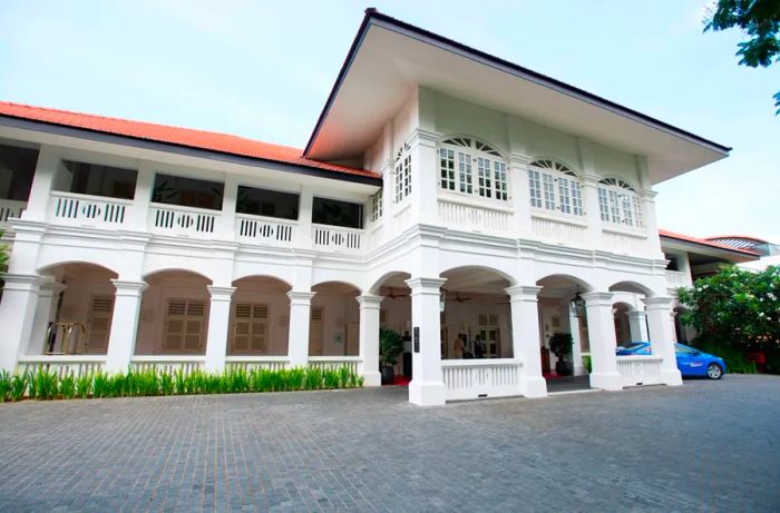 The iconic exterior of the Capella Hotel in Singapore.