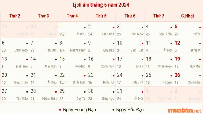Lịch âm tháng 5 năm 2024