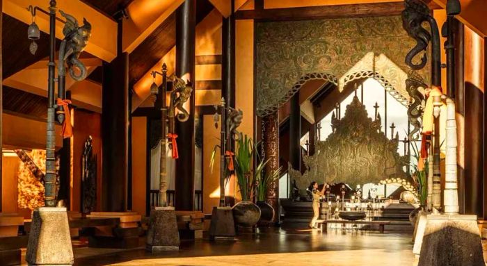 The stunning lobby of Anantara Golden Triangle Elephant Camp & Resort.