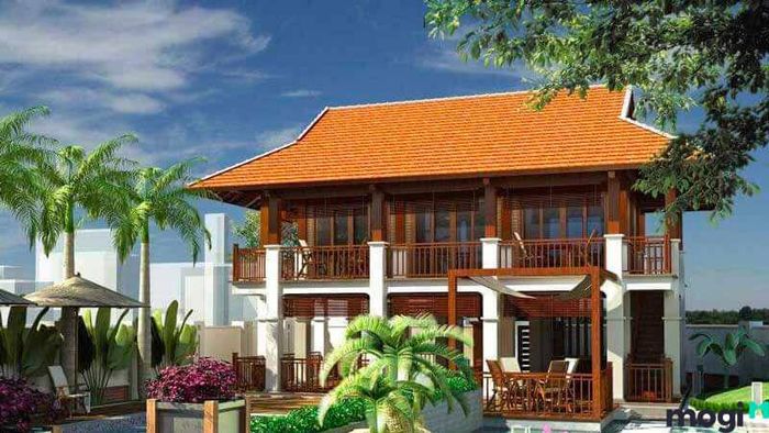 Nhà sàn bê tông với thiết kế đơn giản, tinh tế.