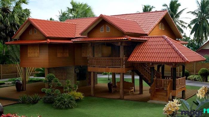 Nhà sàn 3 gian với mái ngói đỏ