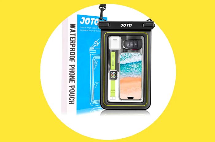 Joto Waterproof Phone Pouch Next to Its Box