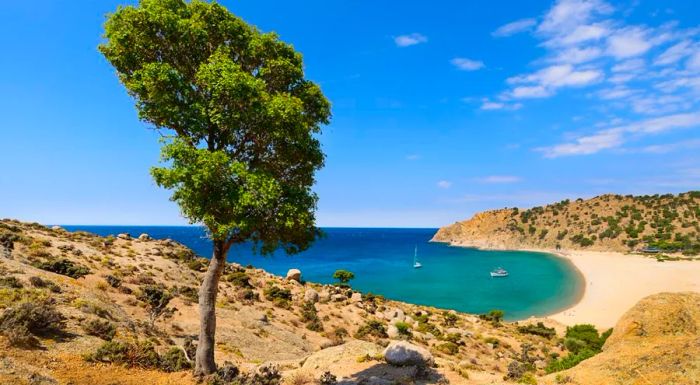 Pachia Ammos is the island's sole sandy beach.