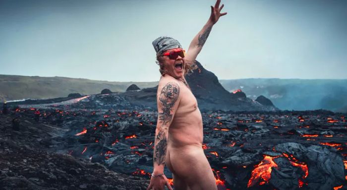 Sveinn Snorri Sighvatsson described the intense heat as 'searing into his skin' while he posed nude near the Geldingadalur volcano.