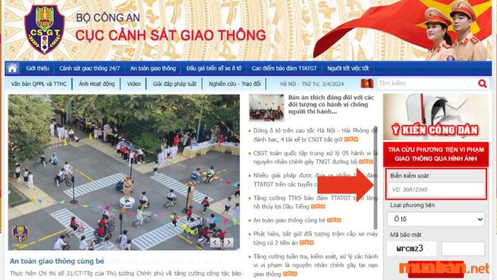 Truy cập website Cục Cảnh sát giao thông > Tìm phần kiểm tra vi phạm qua hình ảnh