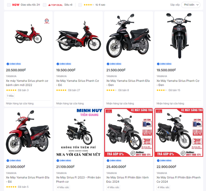 Xe Sirius có mặt rộng rãi trên các sàn thương mại điện tử (Nguồn ảnh: Tiki.vn)