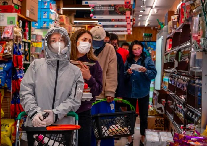 On May 12, people waited in long lines at a supermarket in Beijing, China.