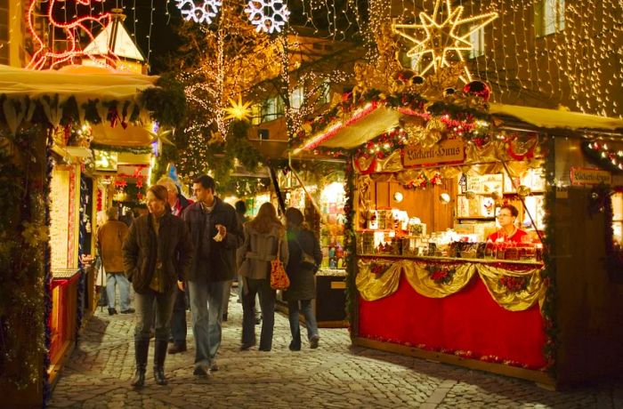 The Basel Christmas Market features beautifully decorated stalls offering a variety of holiday spices, festive ornaments, and scented candles.