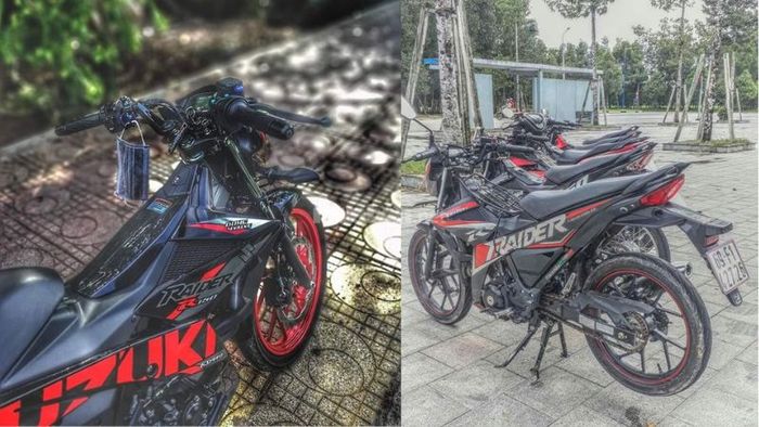 Xe Raider độ kết hợp màu đen và đỏ nổi bật, tạo nên vẻ ngoài mạnh mẽ và đầy sức sống.