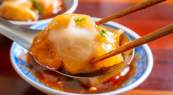 Bawan dumplings are first steamed and then deep-fried for a perfect contrast of textures.