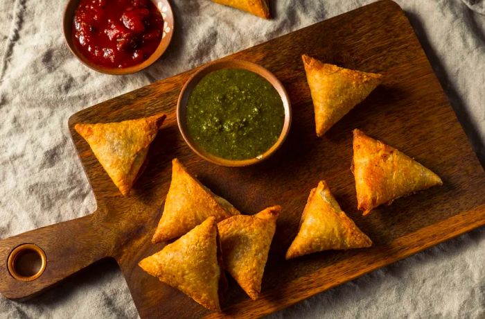 Samosas are a deliciously crispy, triangular snack.