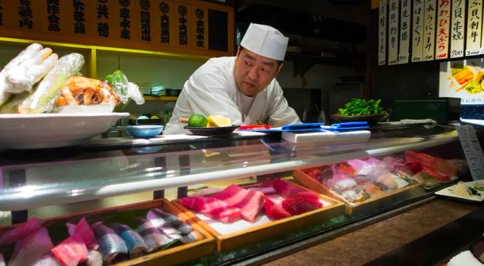 The chef behind the sushi at Tsukiji Sushi Dai restaurant.