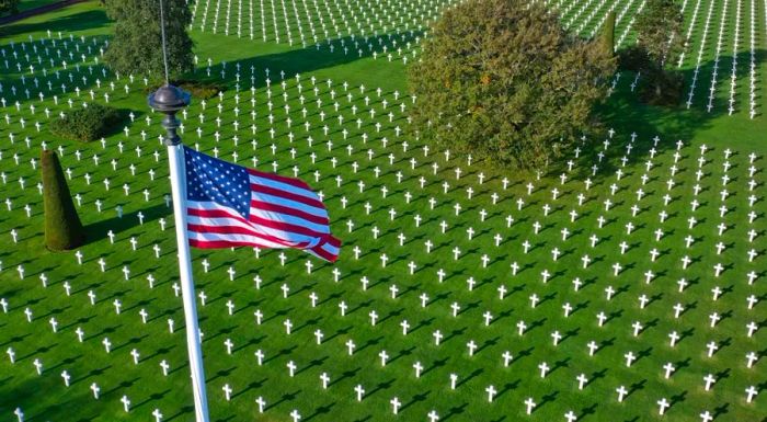 The Normandy American Cemetery, located near Omaha Beach in Colleville-sur-Mer