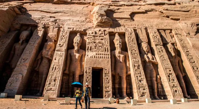 The ancient Abu Simbel temple, a monumental marvel, stands proudly on the shores of Lake Nasser.