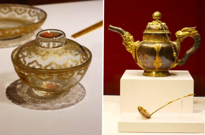 Ancient tableware from the Forbidden City is on display at the Hong Kong Palace Museum. The teapot (seen on the right) was an indispensable part of the imperial family’s meals.