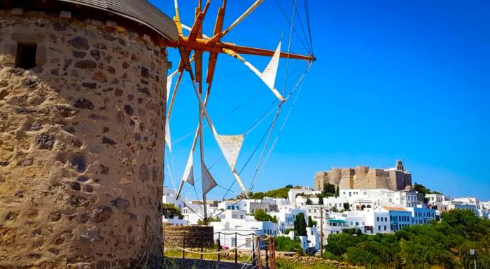 The island is dominated by the Monastery of St. John, which resembles a mighty fortress.