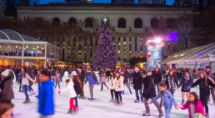 Bryant Park in Manhattan transforms into a magical winter wonderland during the holiday season.