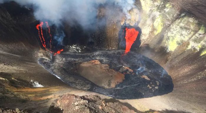 A view of the Kīlauea summit eruption from a Hawaiian Volcano Observatory overflight on December 21, 2020.