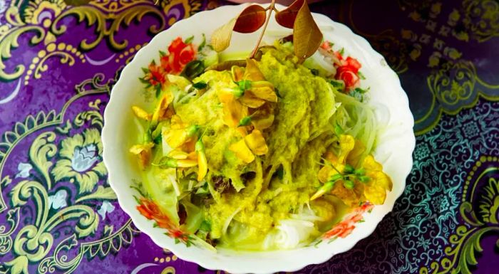 Nom Banh Chok, also known as Khmer noodles, is a beloved breakfast dish in Cambodia.