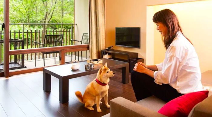 At Kai Kinugawa, specially designed rooms for dogs come with everything they need, including pet towels, bowls, an outdoor run, and even private hot spring baths – for both pets and their owners to enjoy together.