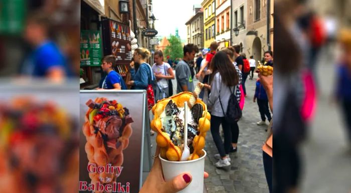 The reinvented bubble waffle, now served as an ice cream cone, has played a key role in popularizing the Hong Kong creation across Europe. This particular style was found in Warsaw, Poland.