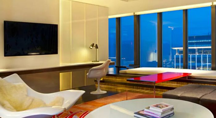 The luxurious living room of the W's 'WOW' suite.