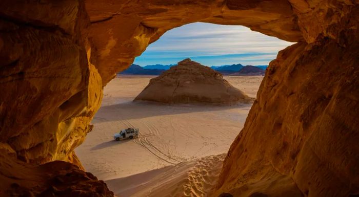 The rock formation Jebel Makharum is famously called the 'Mountain with the Hole.'