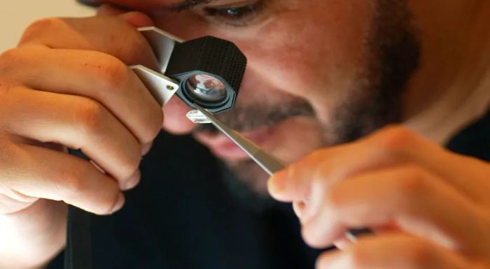 Mohamed Sabeg, co-founder of 2DOT4, inspects a lab-grown diamond. This was filmed for Think Big / Dubai Now in February 2024.