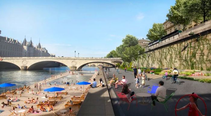 Paris' revitalization initiative, known as 'Reinventing Paris,' aims to clean the Seine to the point where it could host Olympic triathlons in 2024. A conceptual image illustrates how this transformation will unfold.