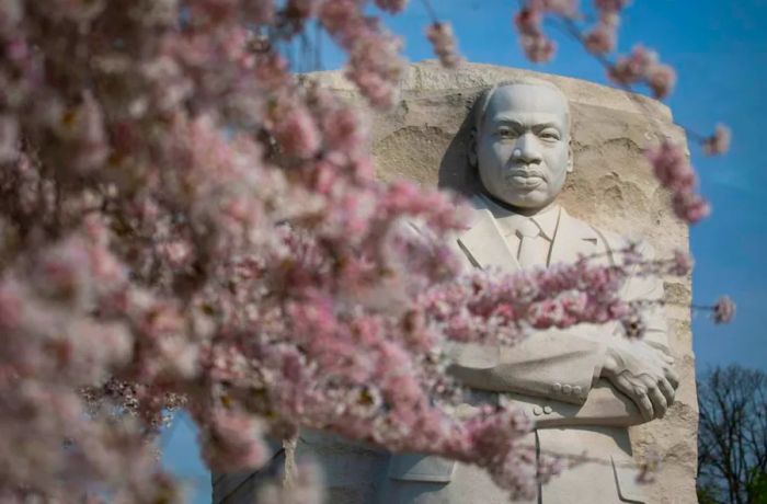 The Martin Luther King Jr. Memorial is located on the National Mall, nestled between the Lincoln and Jefferson memorials.